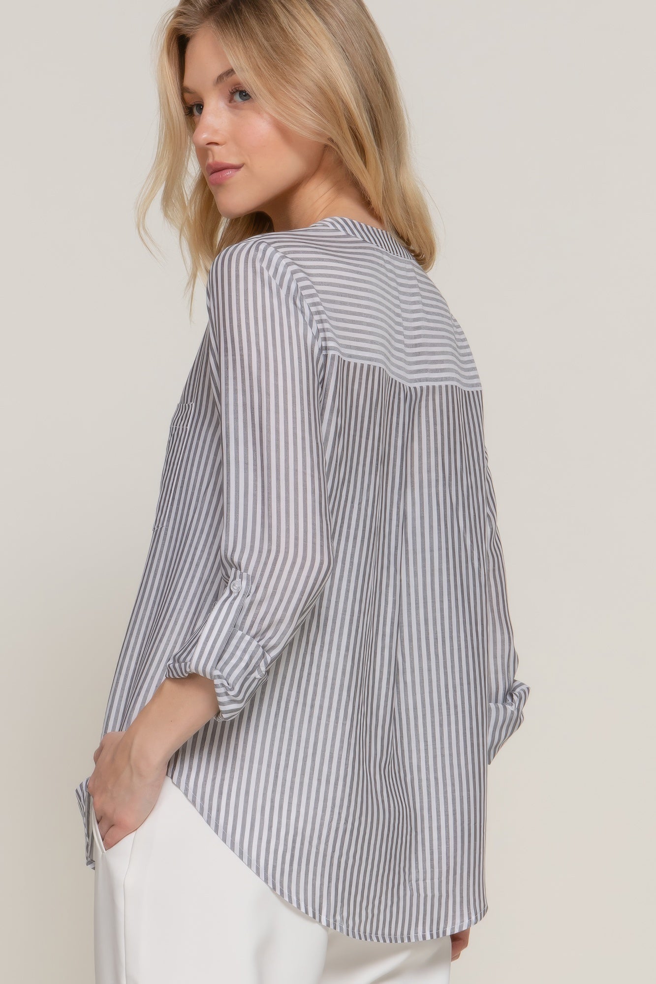 Long Slv Split Round Neck Stripe Woven Shirt | Mixtshop LLC