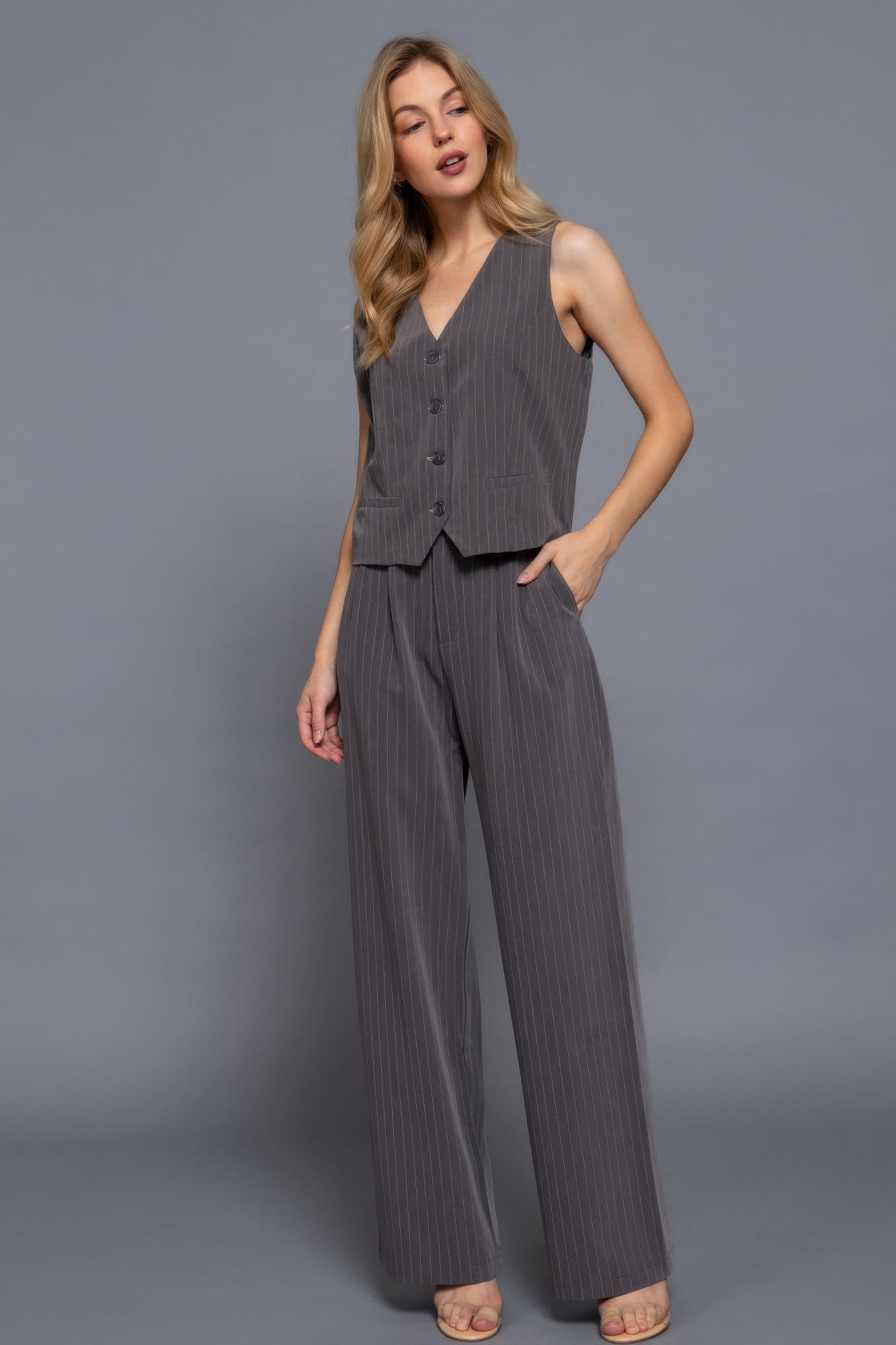 V-neckline Pin Stripe Woven Vest | Mixtshop LLC