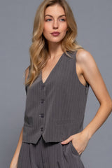 V-neckline Pin Stripe Woven Vest | Mixtshop LLC