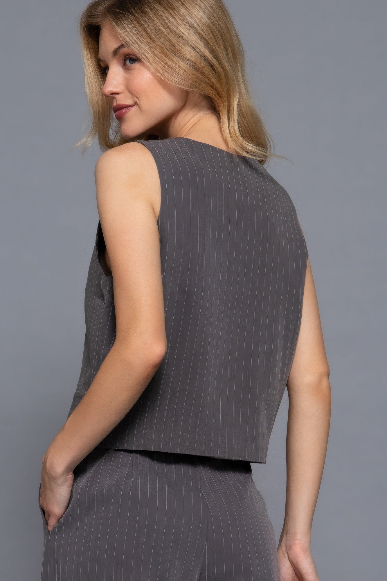 V-neckline Pin Stripe Woven Vest | Mixtshop LLC