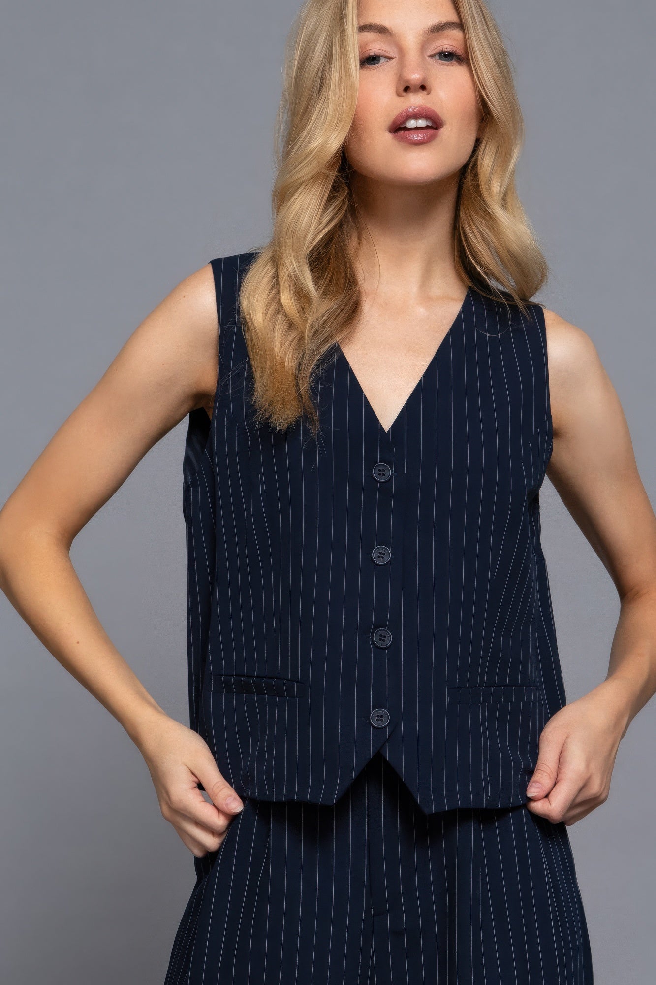 V-neckline Pin Stripe Woven Vest | Mixtshop LLC