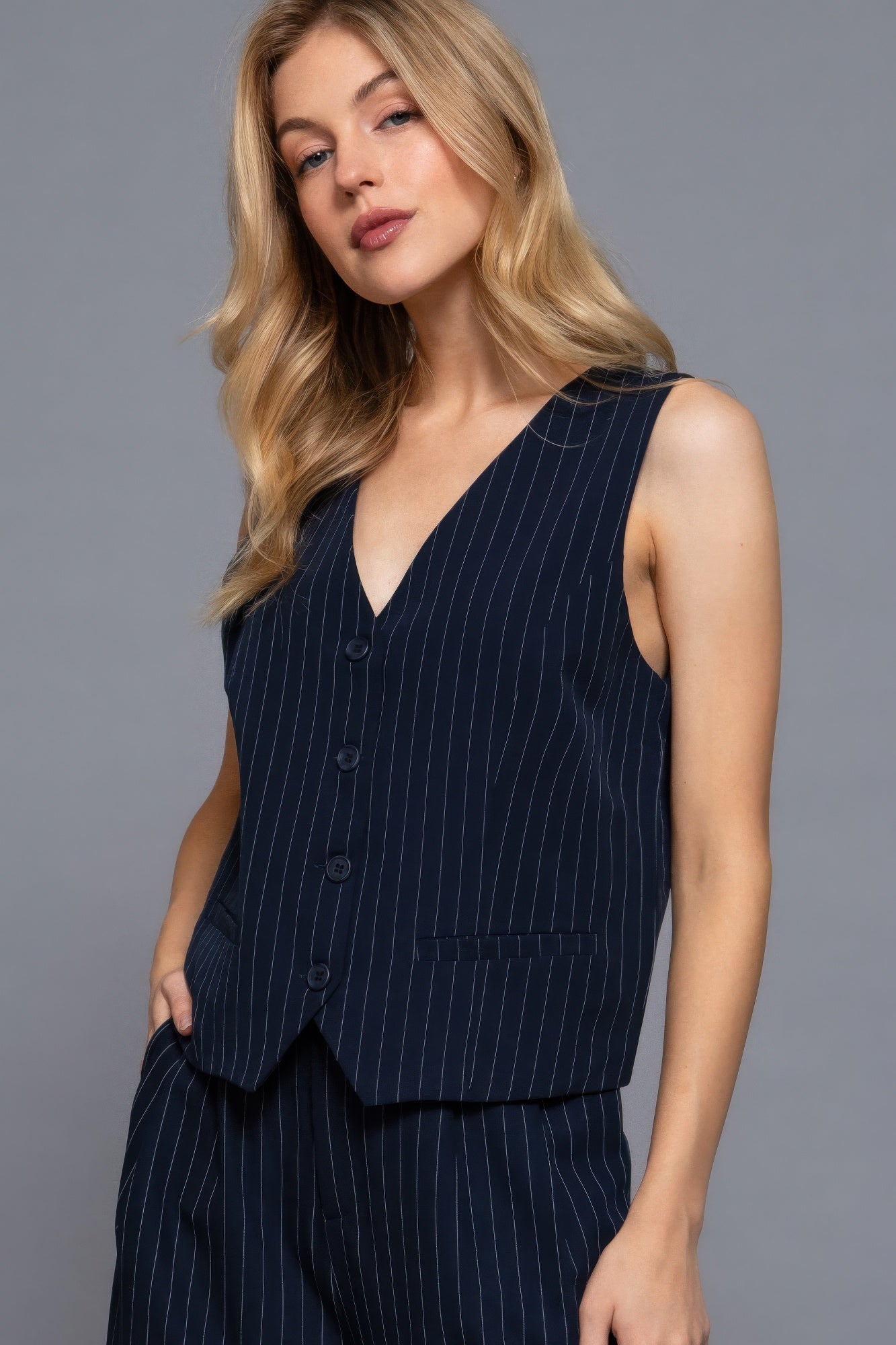V-neckline Pin Stripe Woven Vest | Mixtshop LLC
