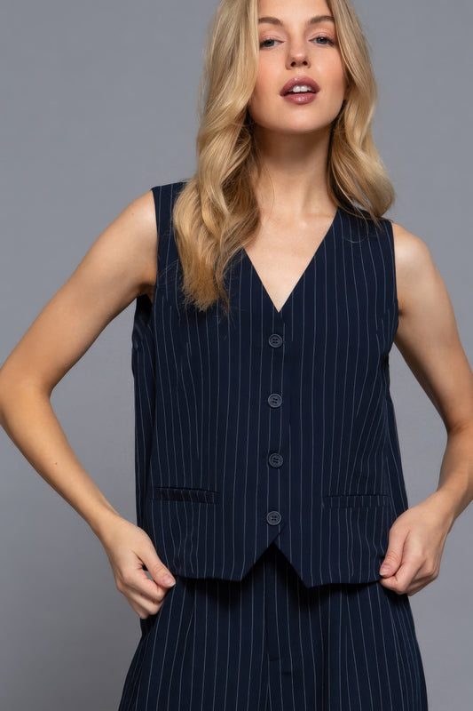 V-neckline Pin Stripe Woven Vest | Mixtshop LLC