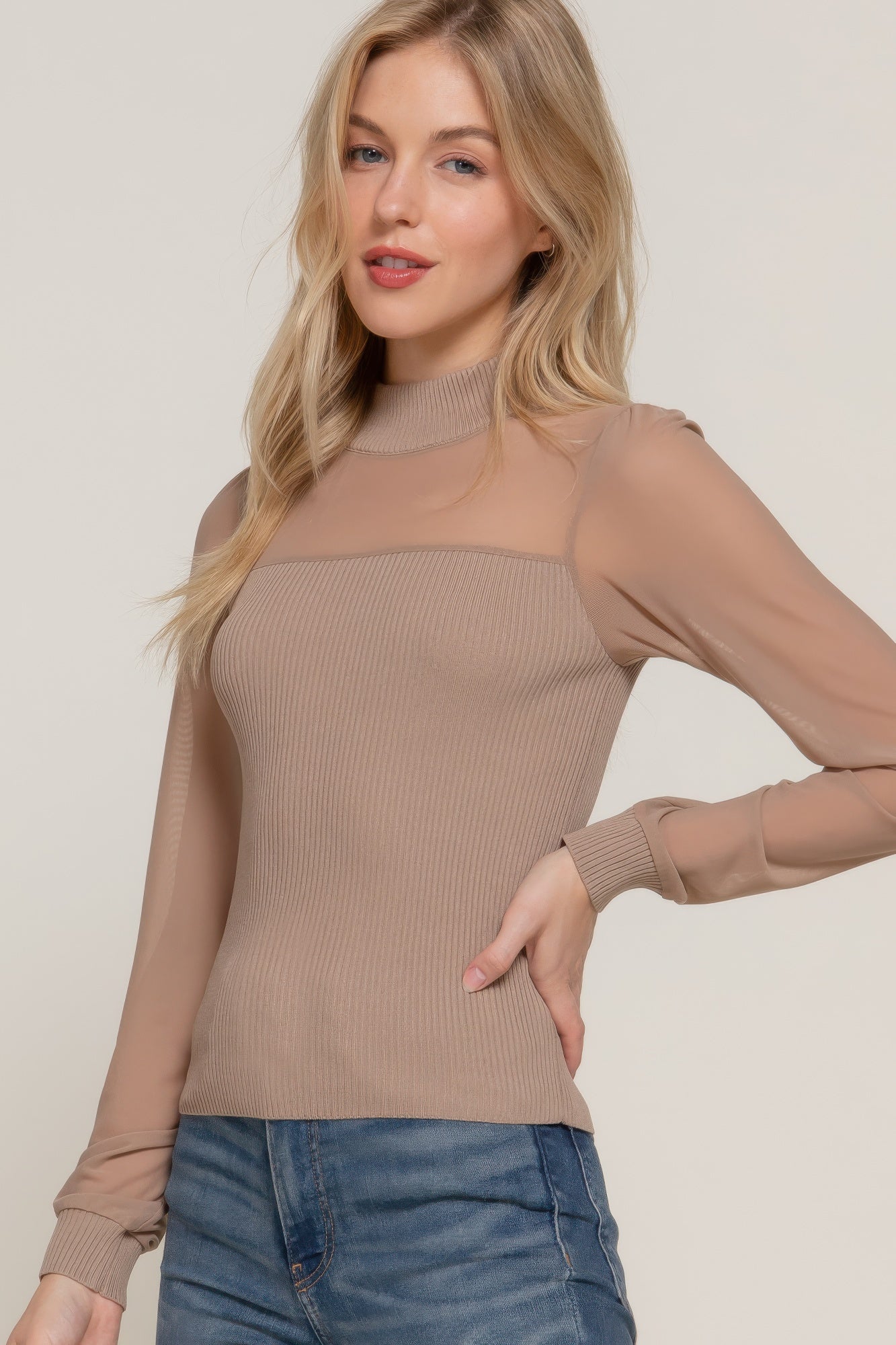 Long Slv Mesh Panel Detail Sweater Top | Mixtshop LLC