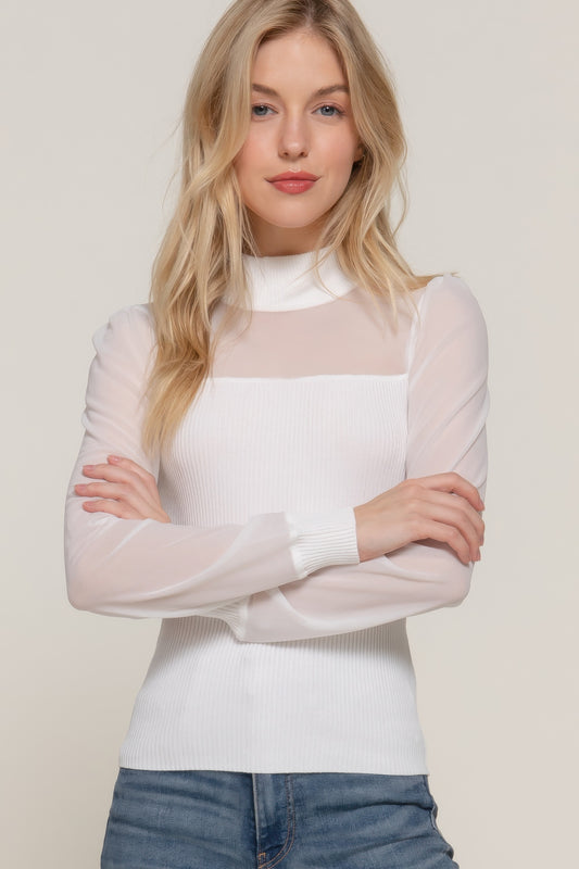 Long Slv Mesh Panel Detail Sweater Top | Mixtshop LLC