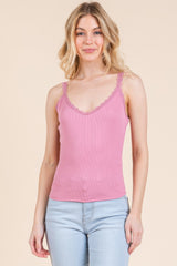 Ribbed V-neck Lace Trim With Strap Tank Top | Mixtshop LLC