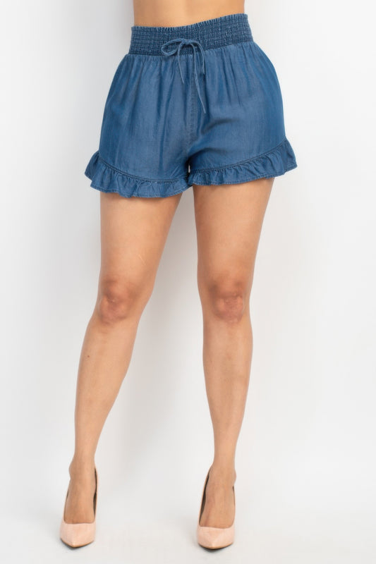 Smocked Waist Ruffled Denim Shorts | Mixtshop LLC
