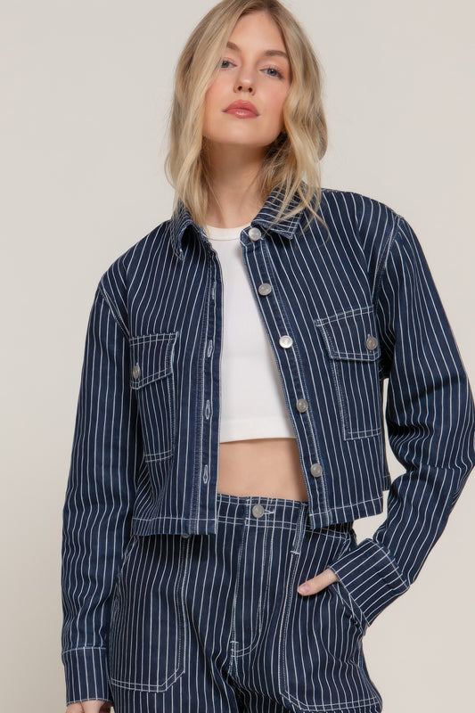 Button Down Stripe Denim Short Jacket | Mixtshop LLC
