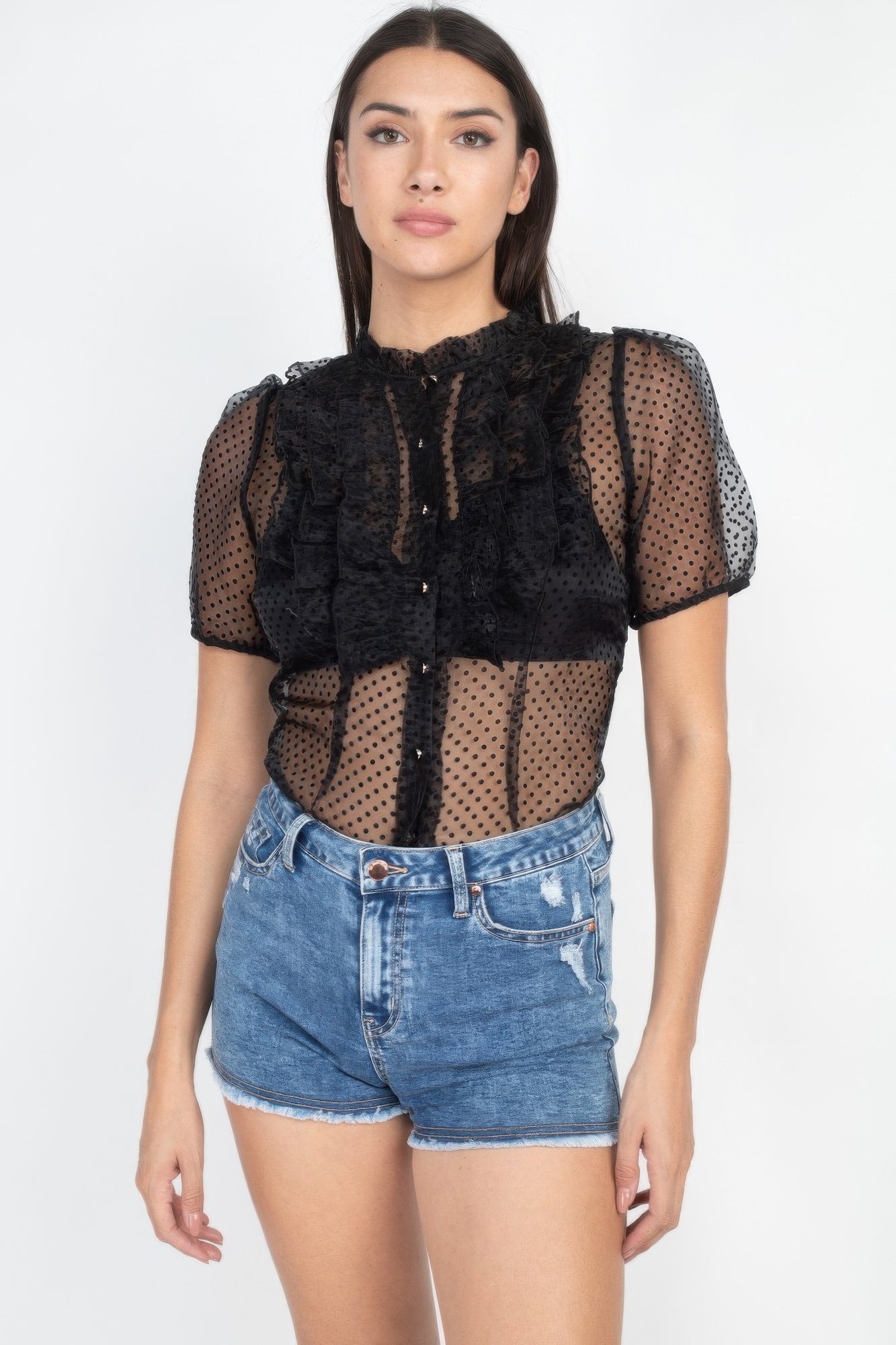 Sheer Ruffle-trim Dot Top | Mixtshop LLC