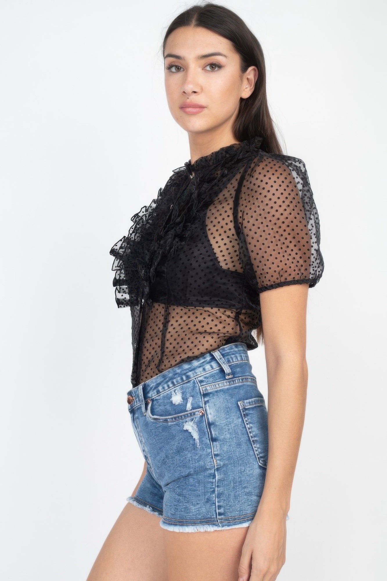 Sheer Ruffle-trim Dot Top | Mixtshop LLC