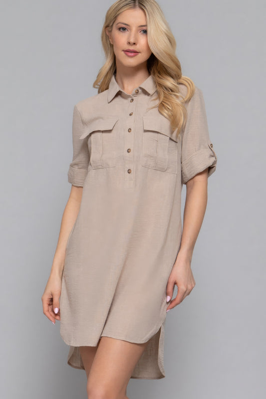 Roll Up Short Slv Straight Linen Effect Mini Dress | Mixtshop LLC