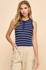Button Detail Contrast Binding Stripe Tank Top | Mixtshop LLC