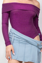 Off-shoulder Glittery Long Sleeve Bodysuit | Mixtshop LLC