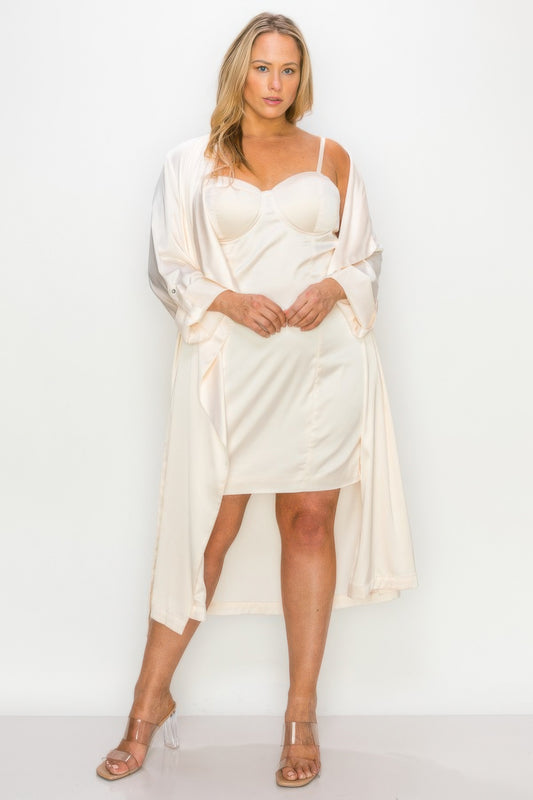 Satin Strap Dress With Self Belt Coat Set | Mixtshop LLC
