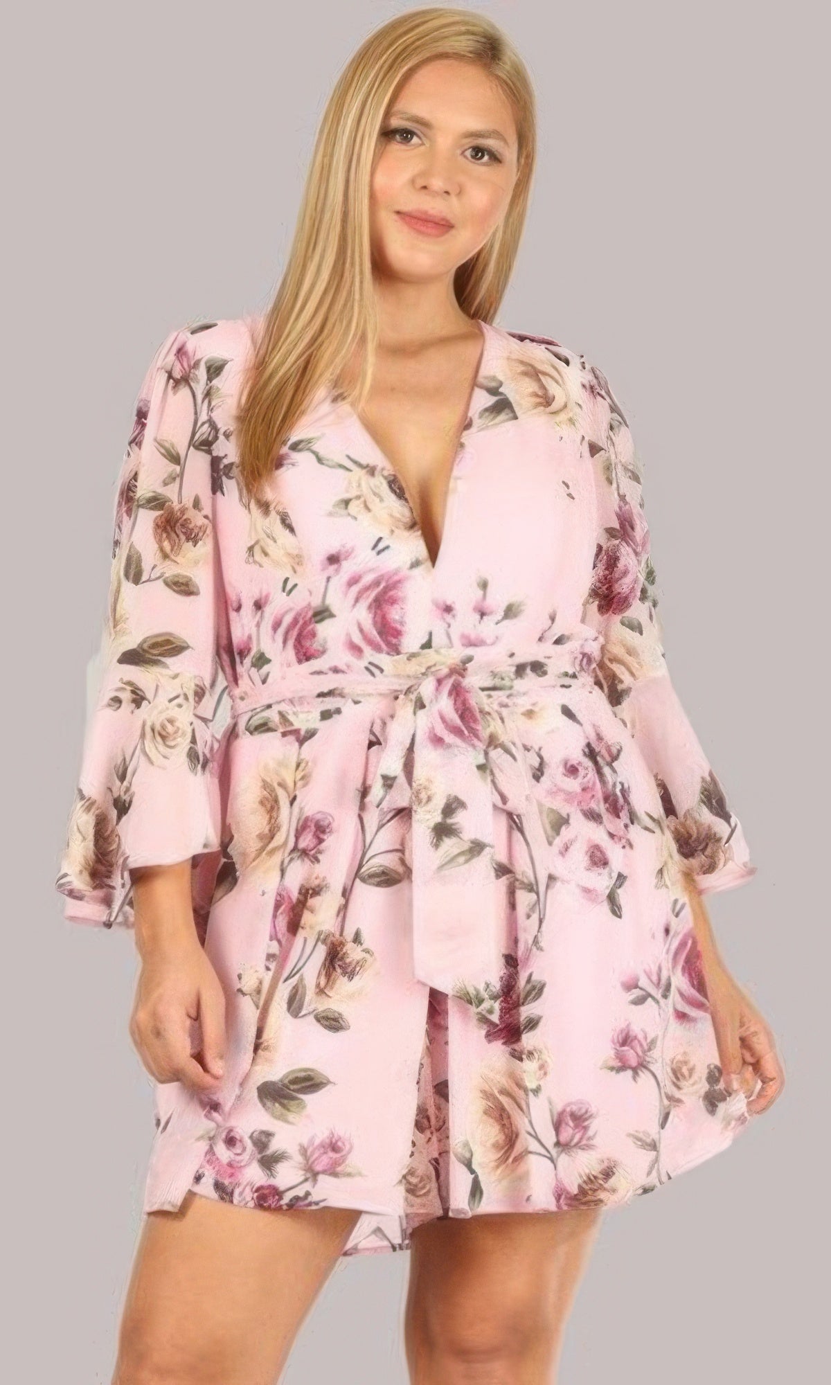 Floral Chiffon 3 4 Sleeve Tie Waist Romper | Mixtshop LLC