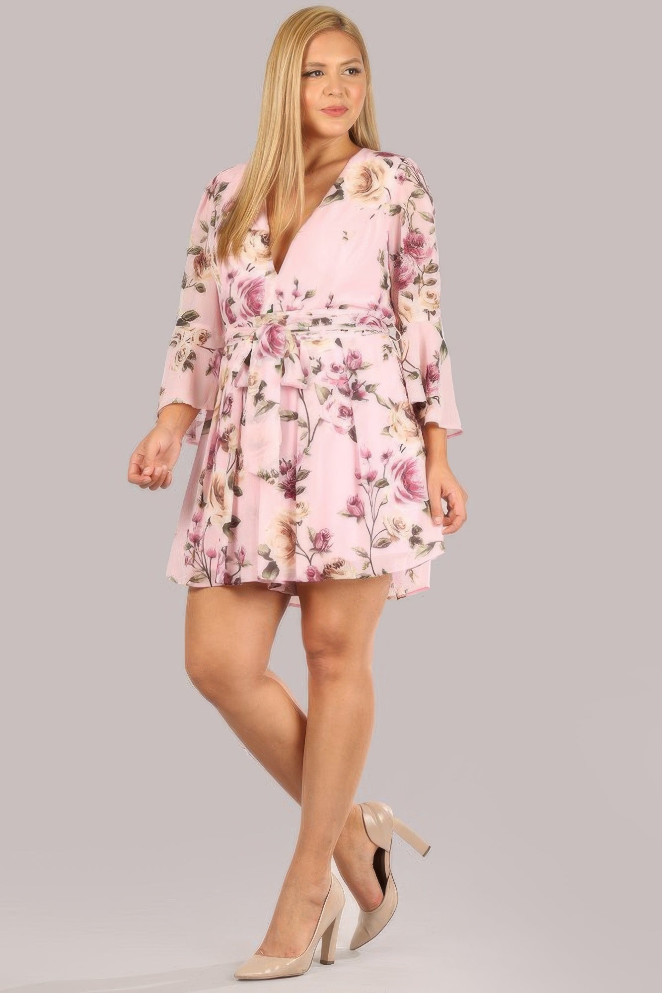 Floral Chiffon 3 4 Sleeve Tie Waist Romper | Mixtshop LLC