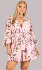 Floral Chiffon 3 4 Sleeve Tie Waist Romper | Mixtshop LLC