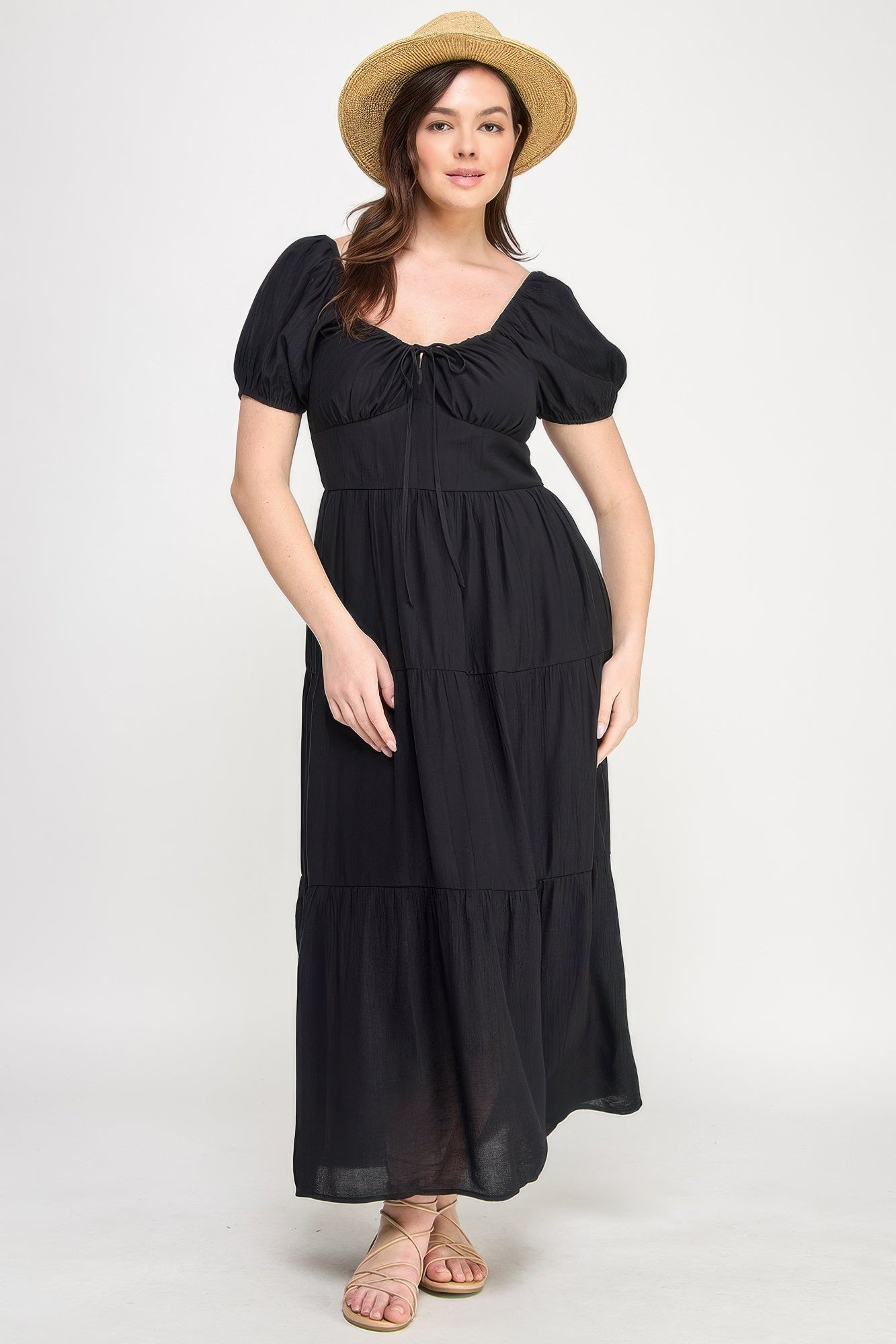 Front Tie Puff Sleeve Tired Maxi Dress | Mixtshop LLC