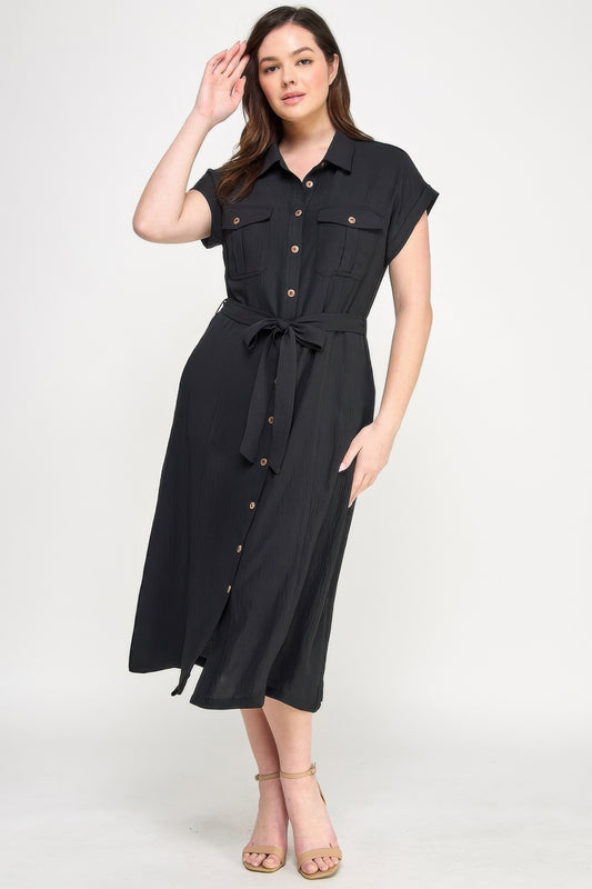 Front Tied Buttoned Short Sleeve Dress | Mixtshop LLC