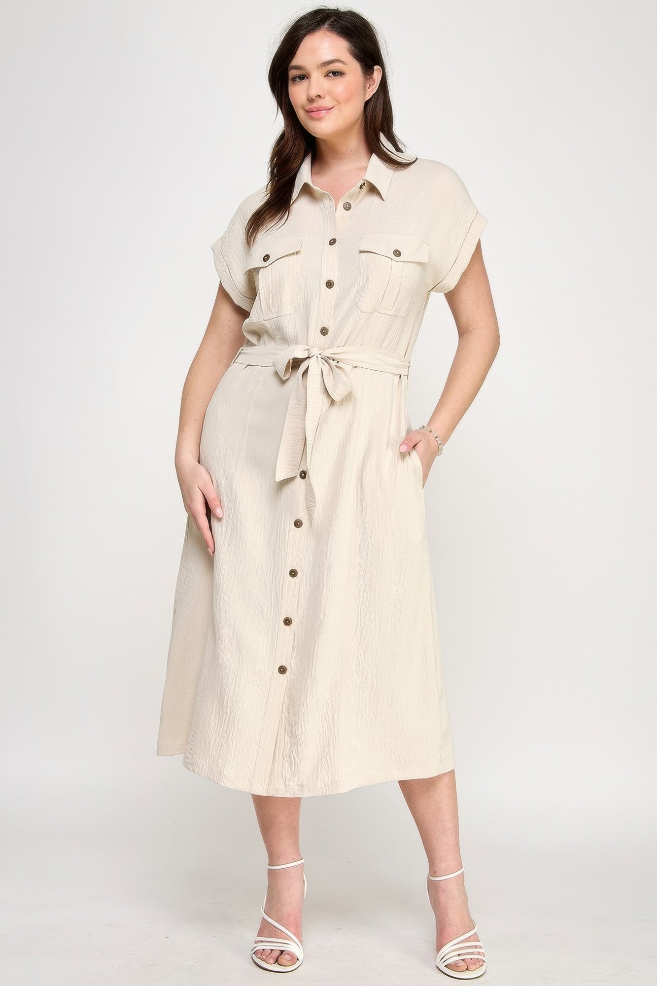 Front Tied Buttoned Short Sleeve Dress | Mixtshop LLC