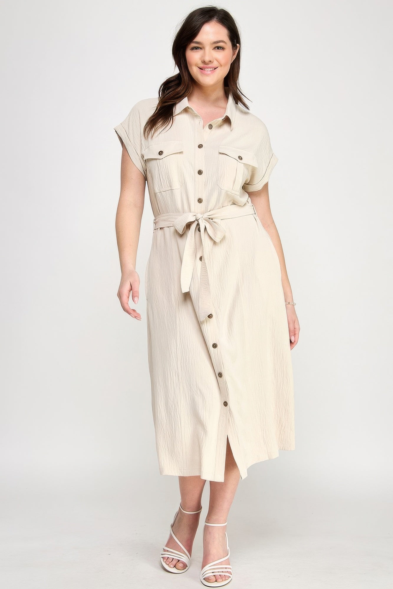 Front Tied Buttoned Short Sleeve Dress | Mixtshop LLC