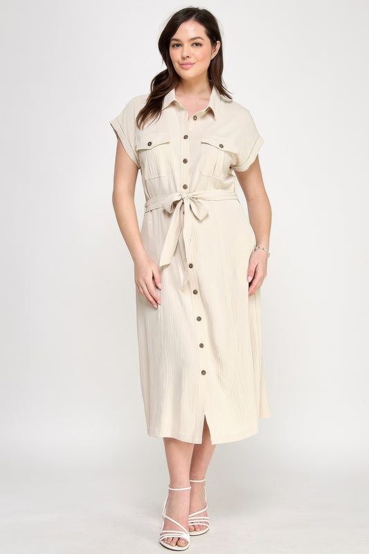 Front Tied Buttoned Short Sleeve Dress | Mixtshop LLC