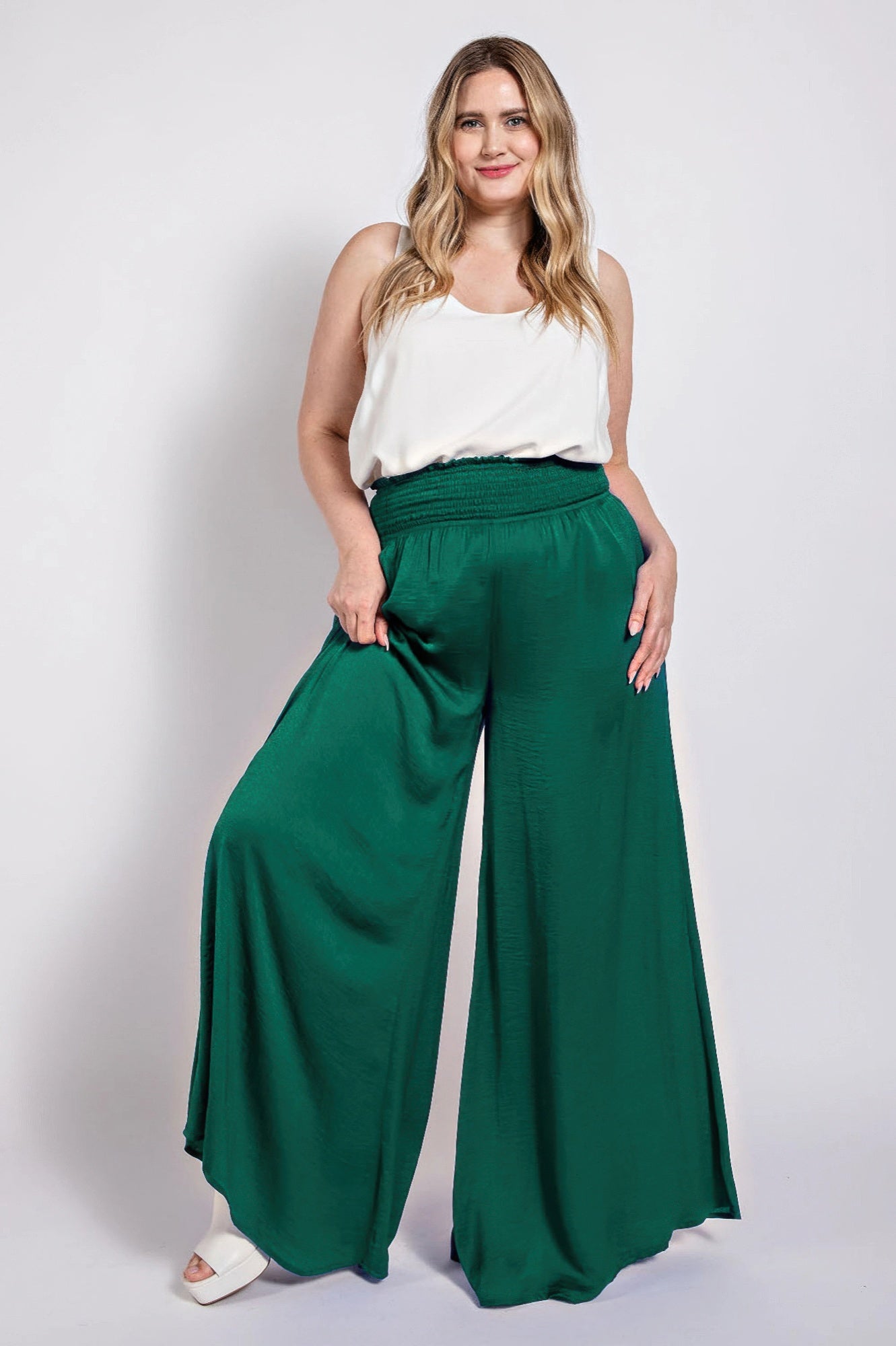 Washed Satin Wide Pants With Waist Smocked | Mixtshop LLC