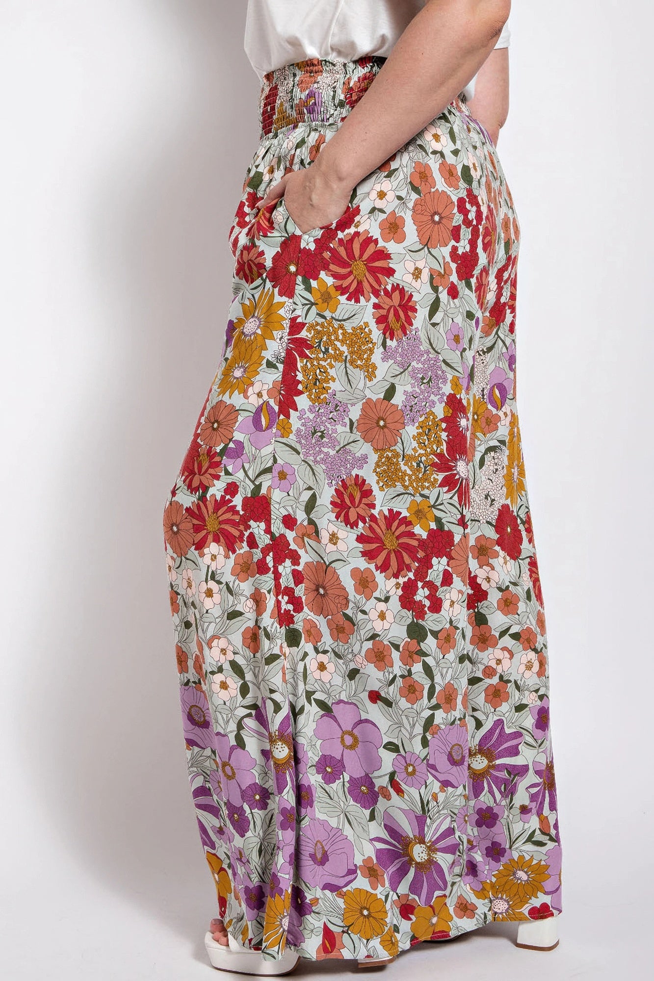 Flare Wide Leg And Waist Smocked Pants With Side Pocket | Mixtshop LLC