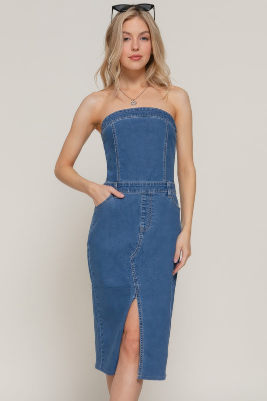 Stretch Denim Slit Tube Dress | Mixtshop LLC