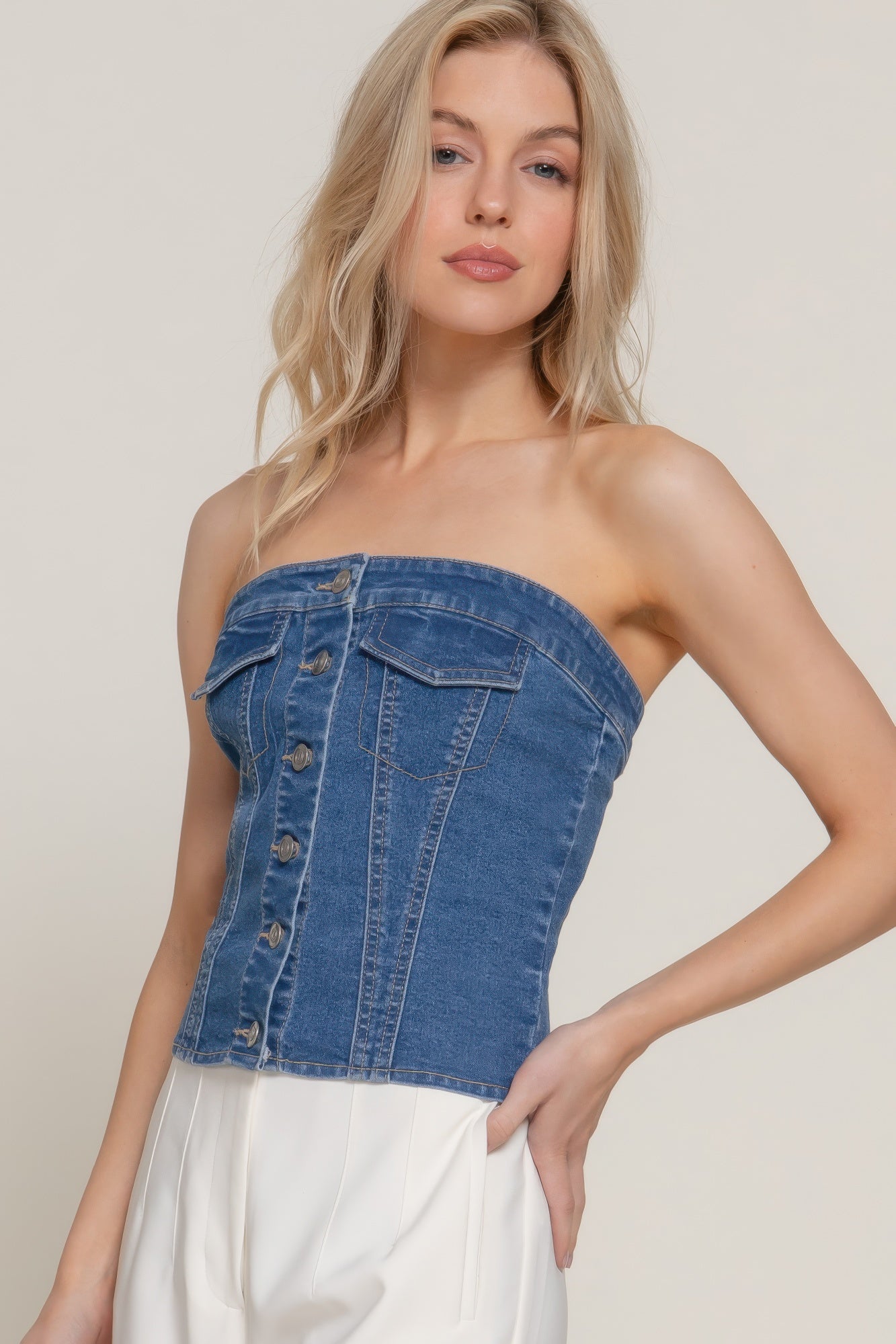 Button Down Placket Stretch Denim Tube Top | Mixtshop LLC