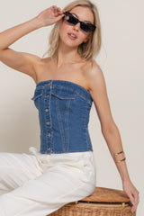 Button Down Placket Stretch Denim Tube Top | Mixtshop LLC