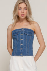 Button Down Placket Stretch Denim Tube Top | Mixtshop LLC