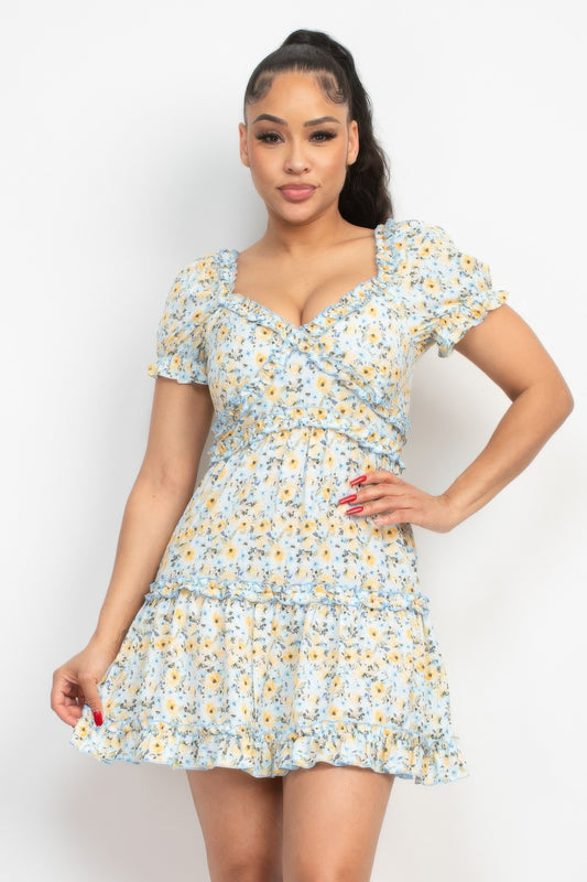Ruffled Floral Puff Sleeve Dress | Mixtshop LLC