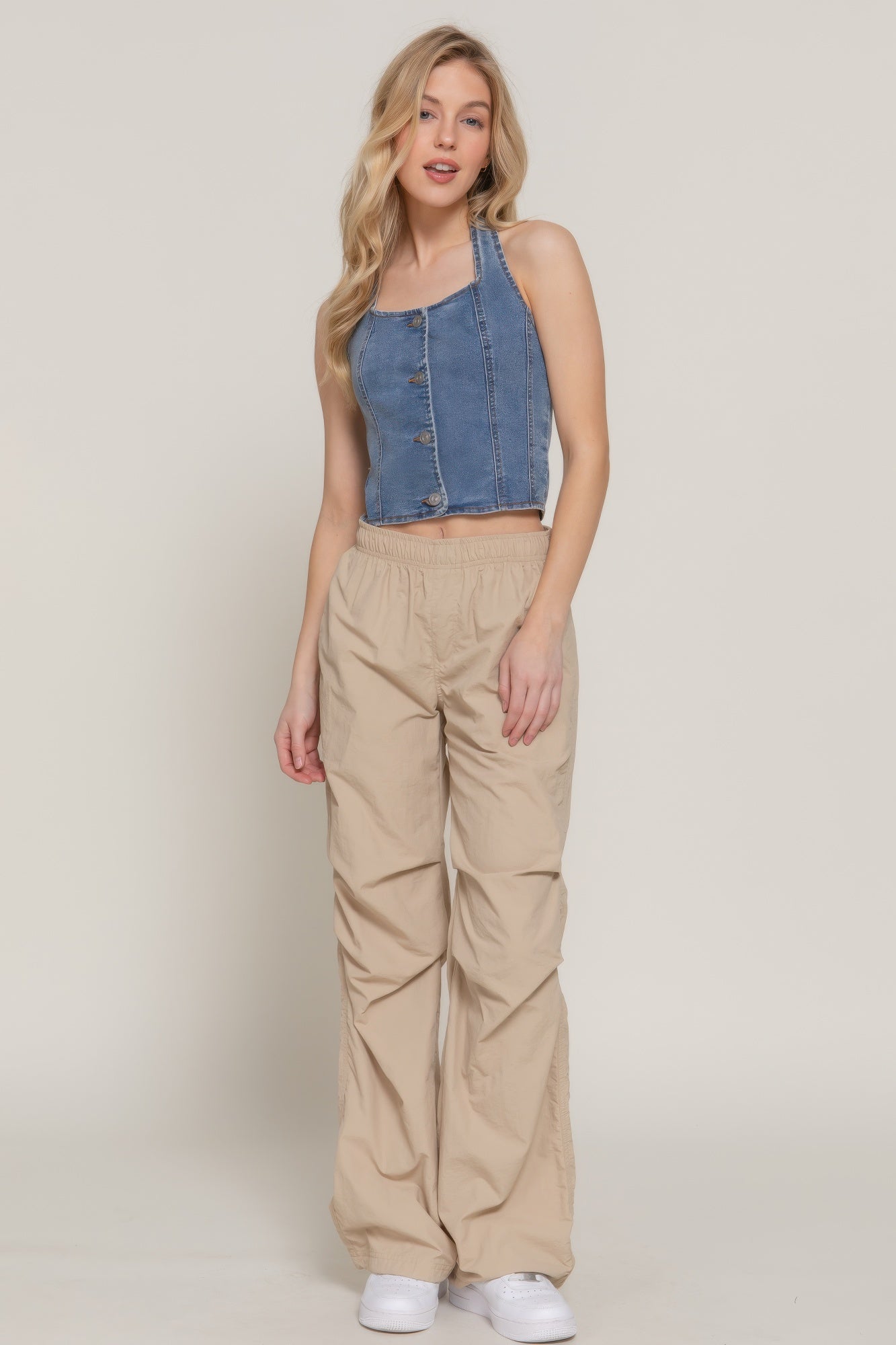 Button Down Stretch Denim Halter Top | Mixtshop LLC