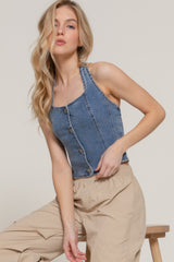 Button Down Stretch Denim Halter Top | Mixtshop LLC