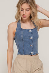 Button Down Stretch Denim Halter Top | Mixtshop LLC