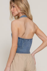 Button Down Stretch Denim Halter Top | Mixtshop LLC