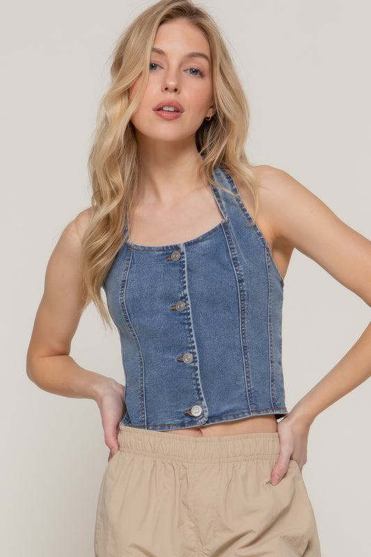 Button Down Stretch Denim Halter Top | Mixtshop LLC