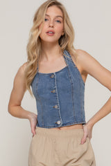 Button Down Stretch Denim Halter Top | Mixtshop LLC