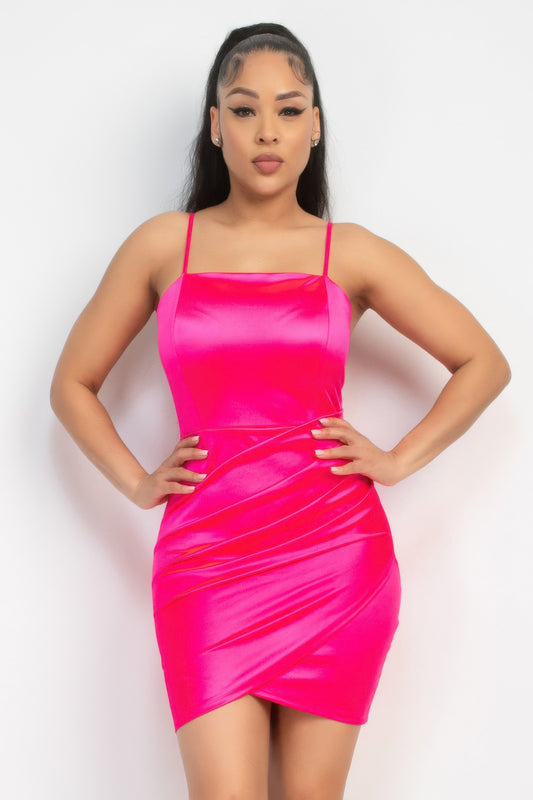 Overlapping Hem Shirred Satin Dress | Mixtshop LLC