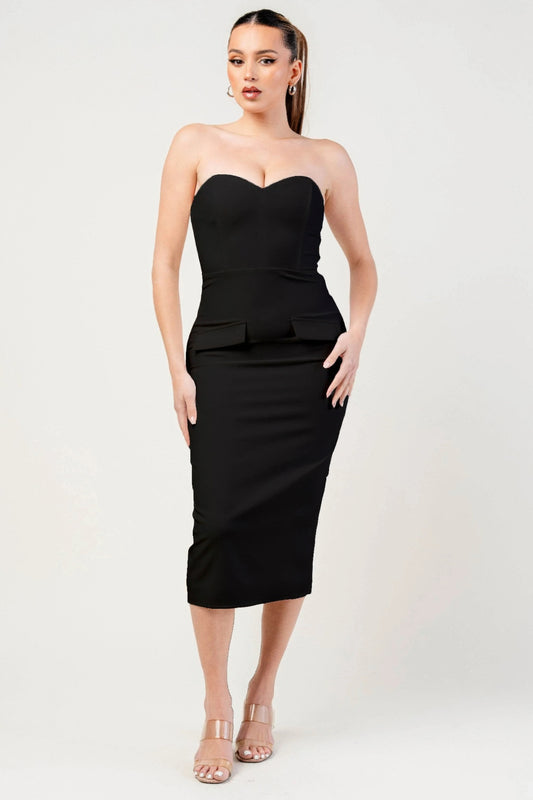 Thick Stretch Woven Sweetheart Neck Tube Midi Dress With Pocket Flap | Mixtshop LLC