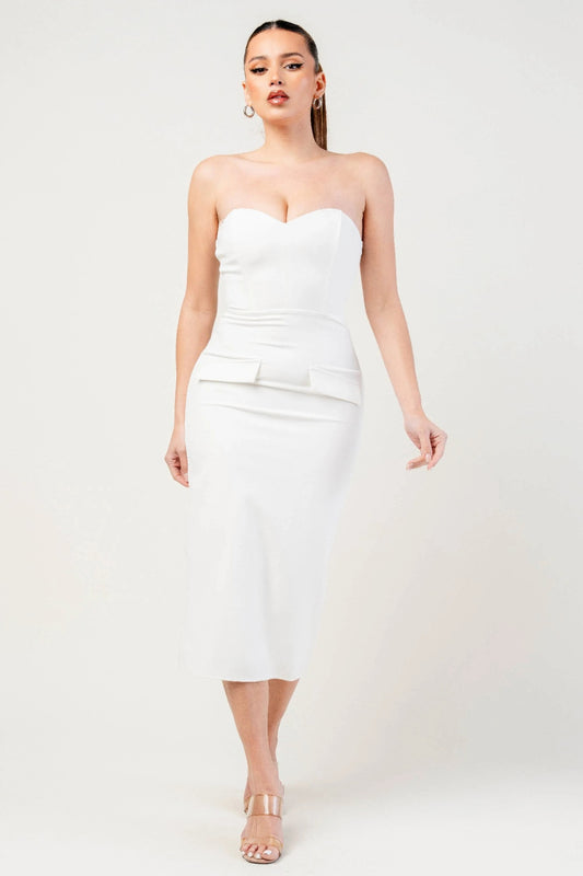 Thick Stretch Woven Sweetheart Neck Tube Midi Dress With Pocket Flap | Mixtshop LLC