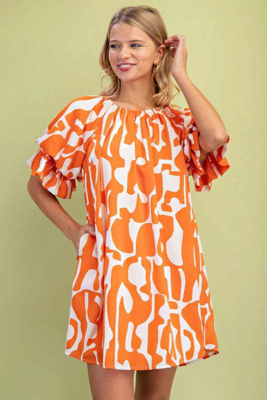 Geometric Print Loose Fit Mini Dress With Gathered Balloon Sleeves | Mixtshop LLC