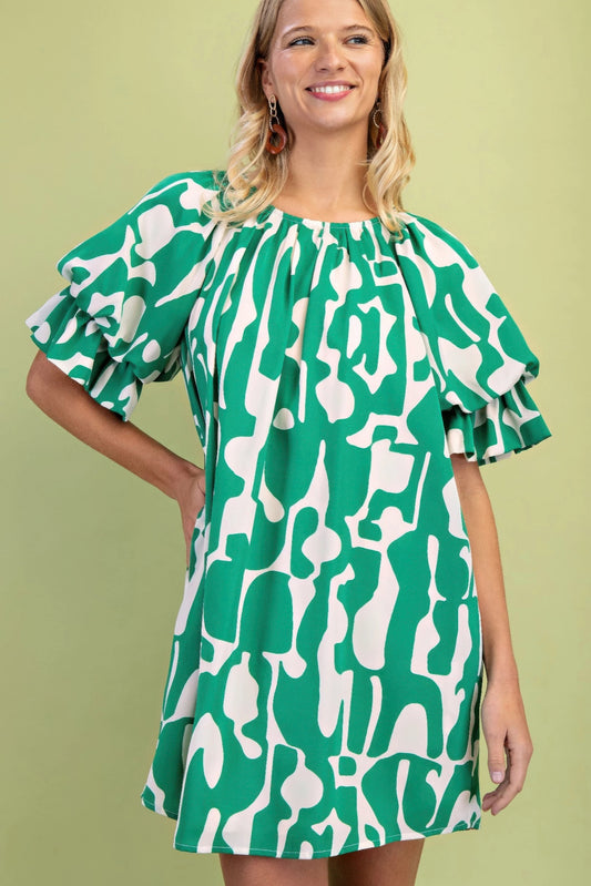 Geometric Print Loose Fit Mini Dress With Gathered Balloon Sleeves | Mixtshop LLC