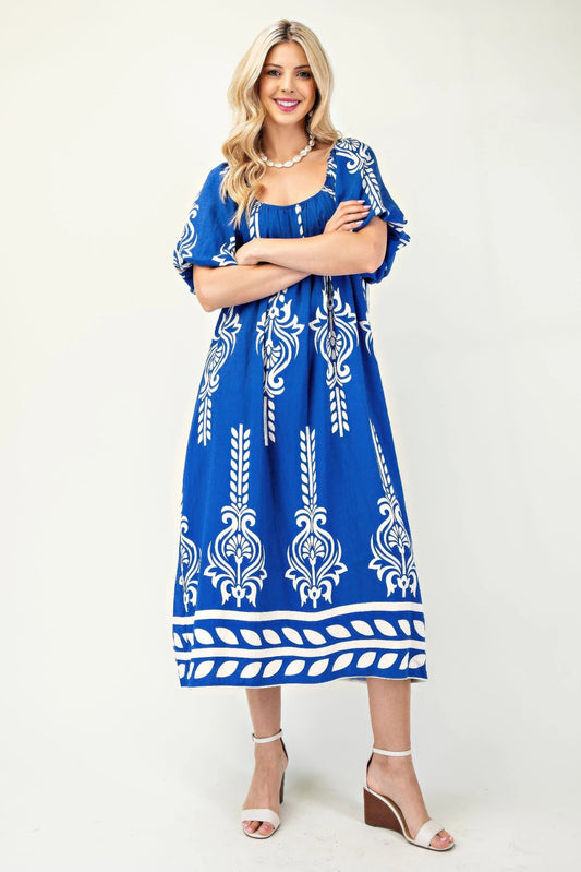 Printed Midi Dress With Short Puff Sleeves | Mixtshop LLC