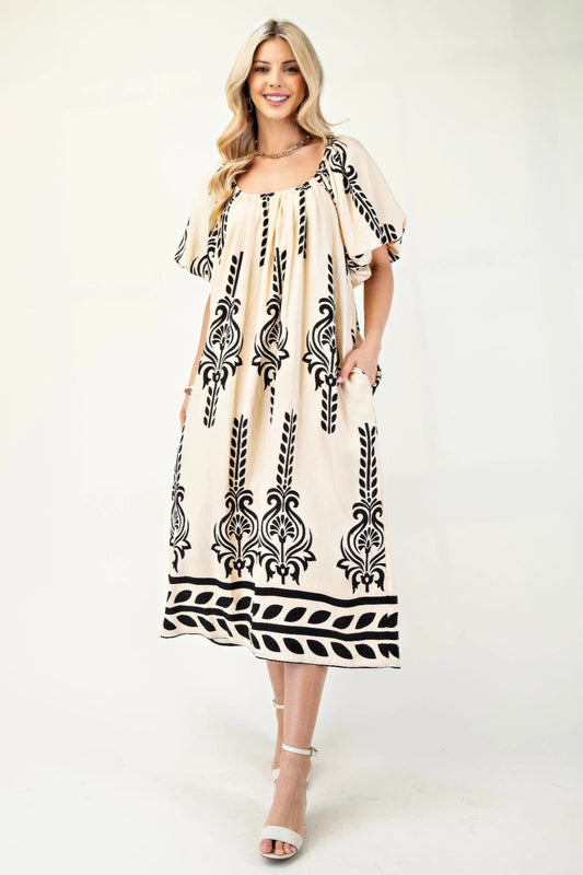 Printed Midi Dress With Short Puff Sleeves | Mixtshop LLC