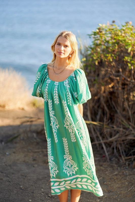 Printed Midi Dress With Short Puff Sleeves | Mixtshop LLC