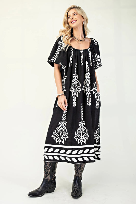 Printed Midi Dress With Short Puff Sleeves | Mixtshop LLC