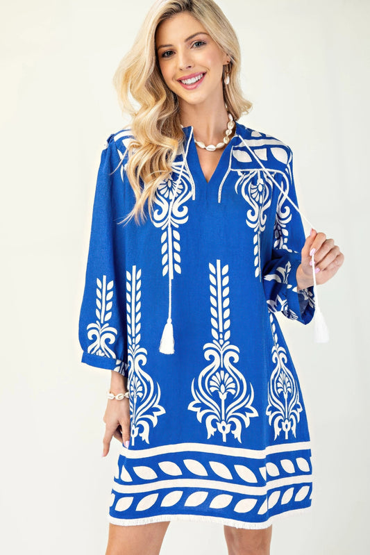Printed 3/4 Sleeve Dress With Tassel Tie And Fringe Detail On Hem | Mixtshop LLC