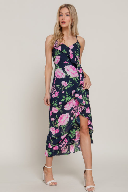 Floral Print Ruffle Slip Midi Dress | Mixtshop LLC